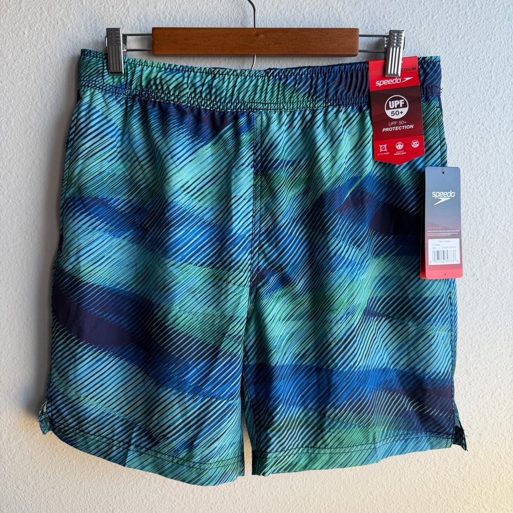Speedo Men’s Medium Blue Green Lined Drawstring UPF 50+ Swim Shorts Trunks D